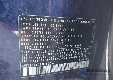 2022 Volkswagen Tiguan 2.0T Se из США, поврежденный, VIN 3VV3B7AX7NM160054
